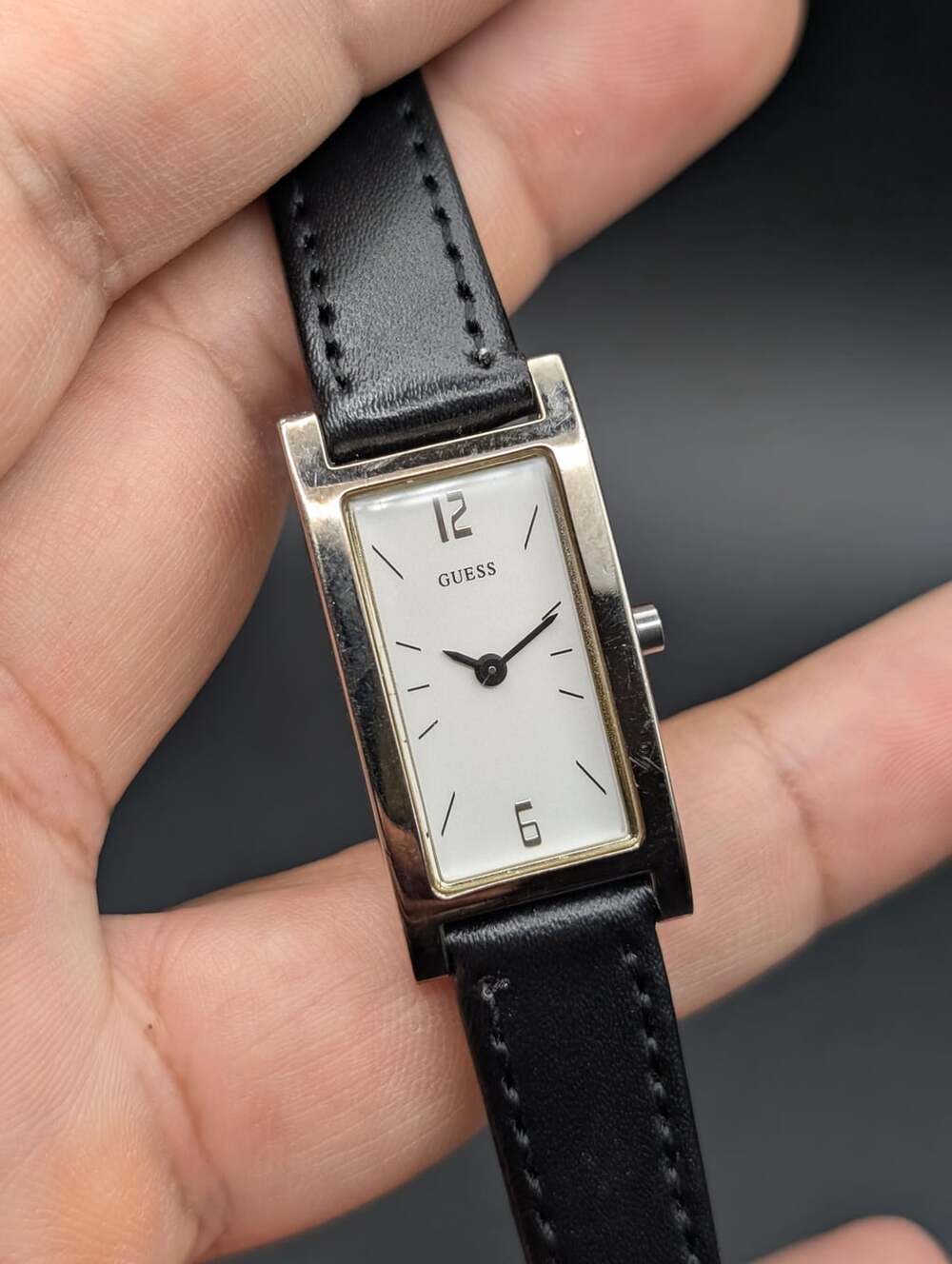 Vintage Guess Silver-Tone Rectangular Tank Ladies Watch, White Dial New Black St